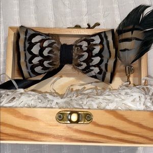 Brown, grey, black feather bow tie with tie clip